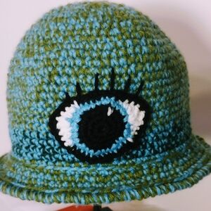 Evil Eye Green & Blue Crocheted Handmade Boho Brimmed Hat New
